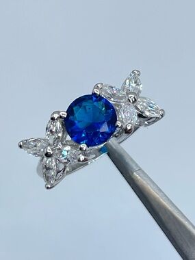 Sapphire Blue Diamond White Swarovski Crystal Elements Floral Ring Silver Sz 7